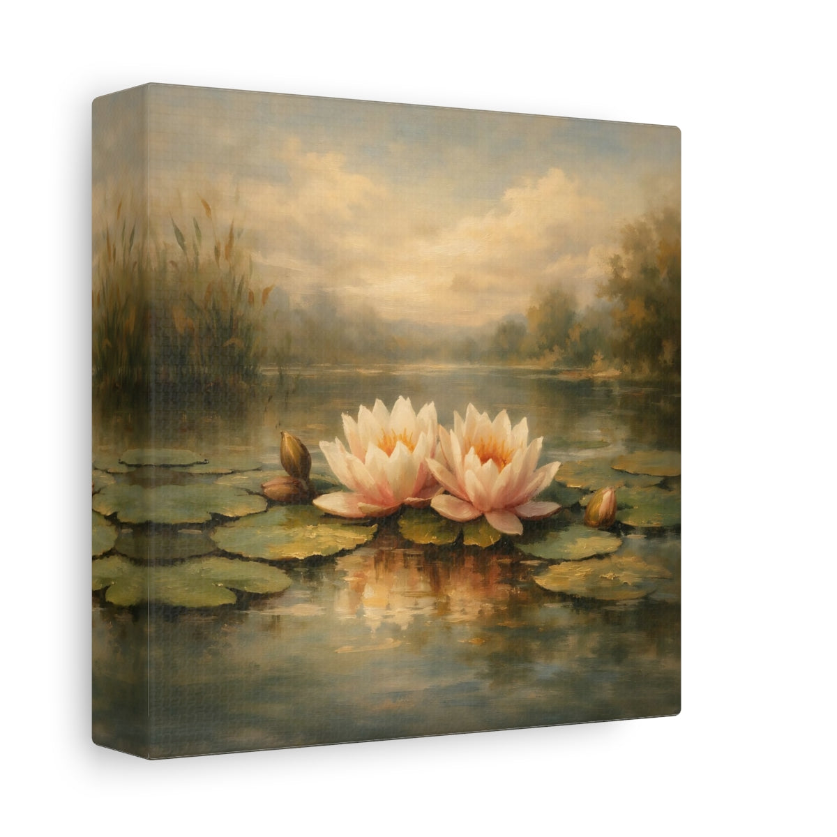 Side Mockup 1. Nature Water Lilies Pink Water Lilies Pond shown as stretched canvas wall art