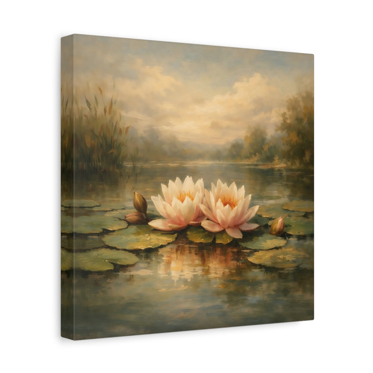 Side Mockup 8. Nature Water Lilies Pink Water Lilies Pond shown as stretched canvas wall art