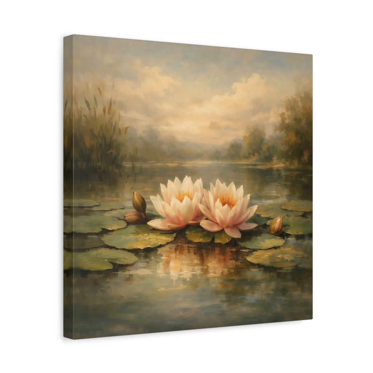 Side Mockup 6. Nature Water Lilies Pink Water Lilies Pond shown as stretched canvas wall art