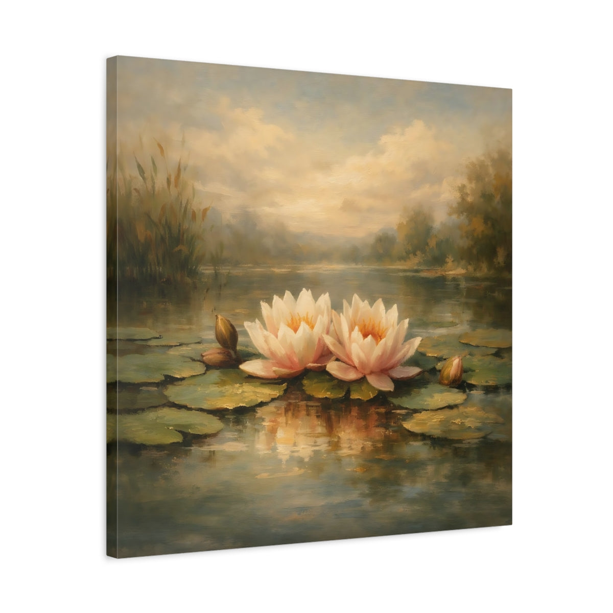 Side Mockup 4. Nature Water Lilies Pink Water Lilies Pond shown as stretched canvas wall art