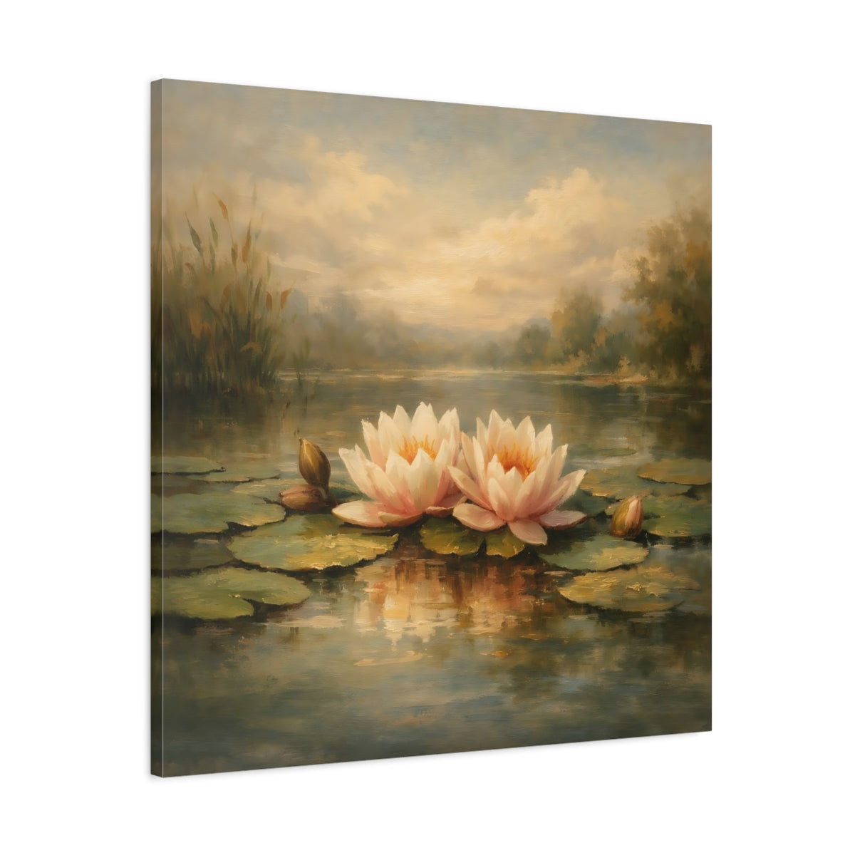 Side Mockup 3. Nature Water Lilies Pink Water Lilies Pond shown as stretched canvas wall art