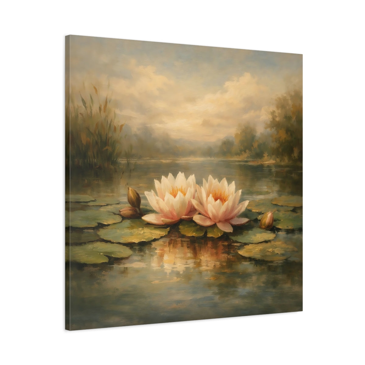 Side Mockup 2. Nature Water Lilies Pink Water Lilies Pond shown as stretched canvas wall art
