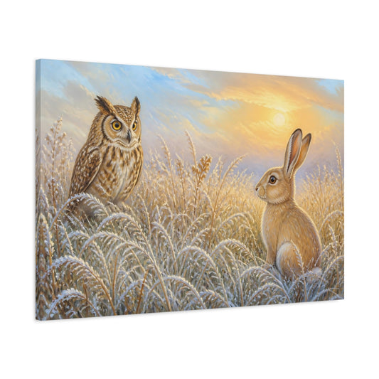 Main Mockup. Dawn Meeting Owl And Hare shown as canvas print
