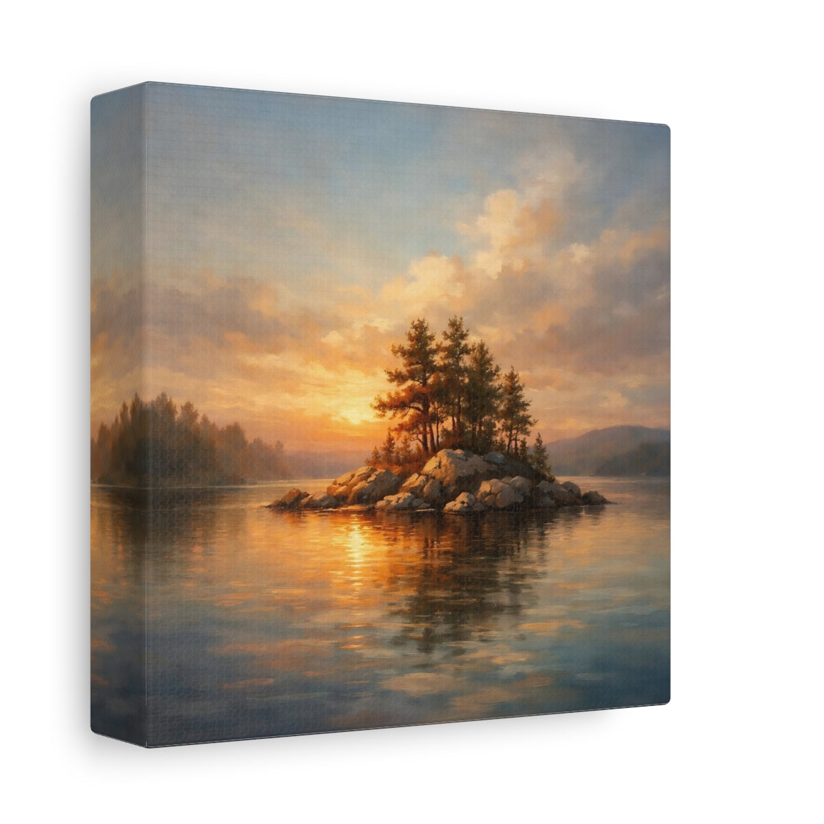 Side Mockup 1. Nature Lake Island Sunset Lake Island shown as stretched canvas wall art