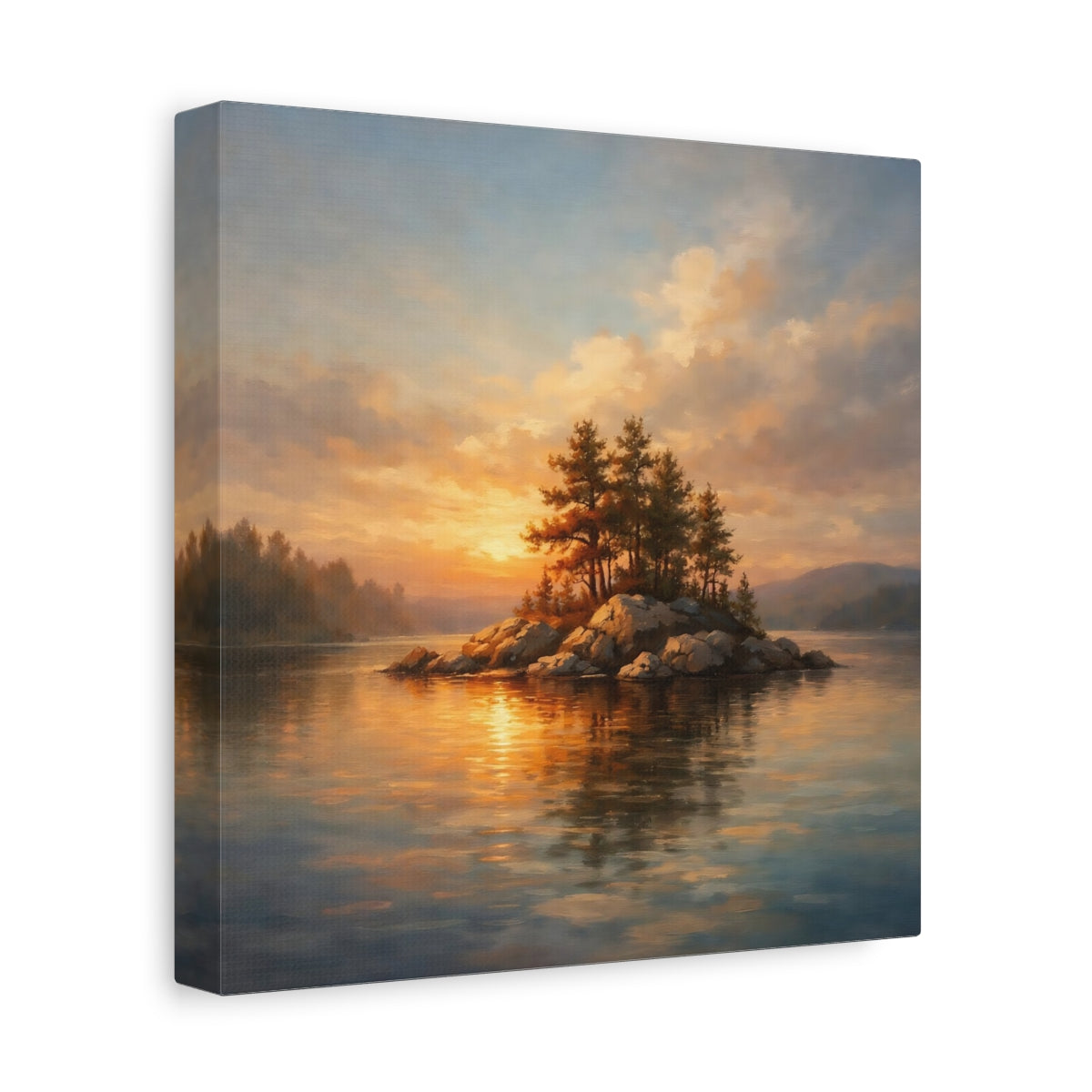 Side Mockup 9. Nature Lake Island Sunset Lake Island shown as stretched canvas wall art