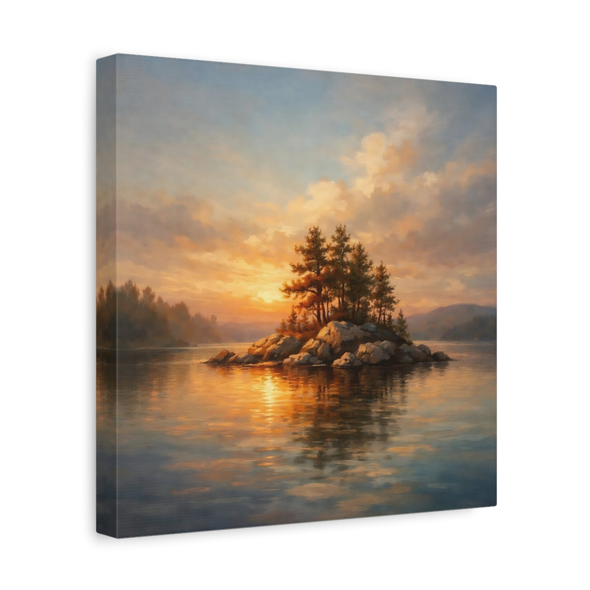 Side Mockup 8. Nature Lake Island Sunset Lake Island shown as stretched canvas wall art