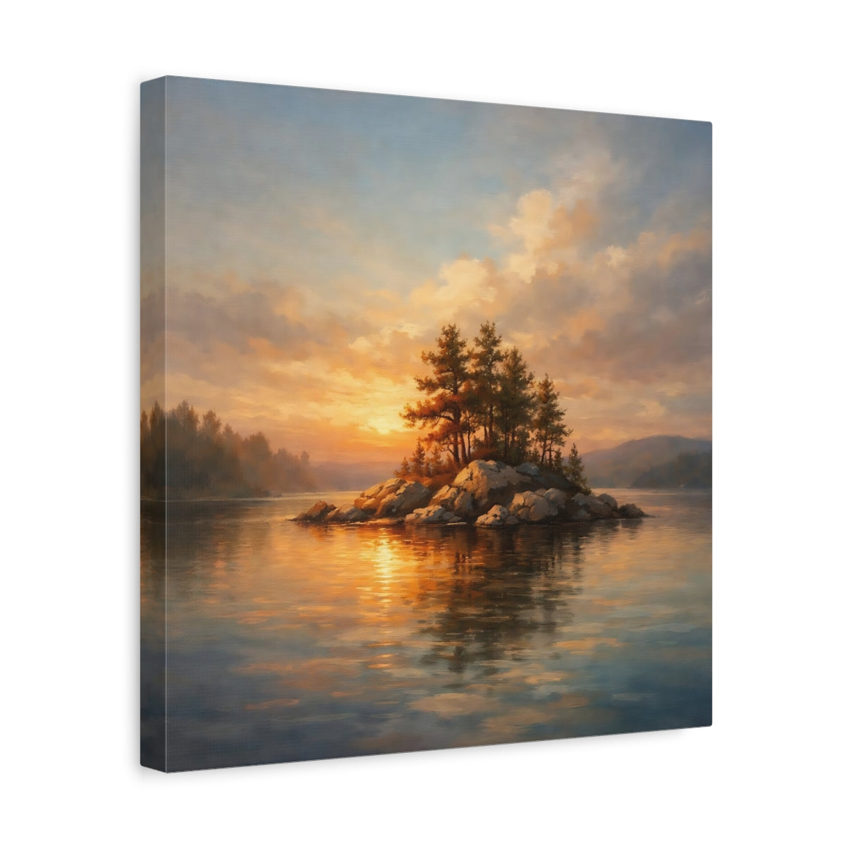Side Mockup 7. Nature Lake Island Sunset Lake Island shown as stretched canvas wall art