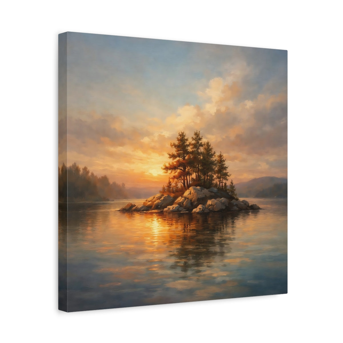 Side Mockup 6. Nature Lake Island Sunset Lake Island shown as stretched canvas wall art