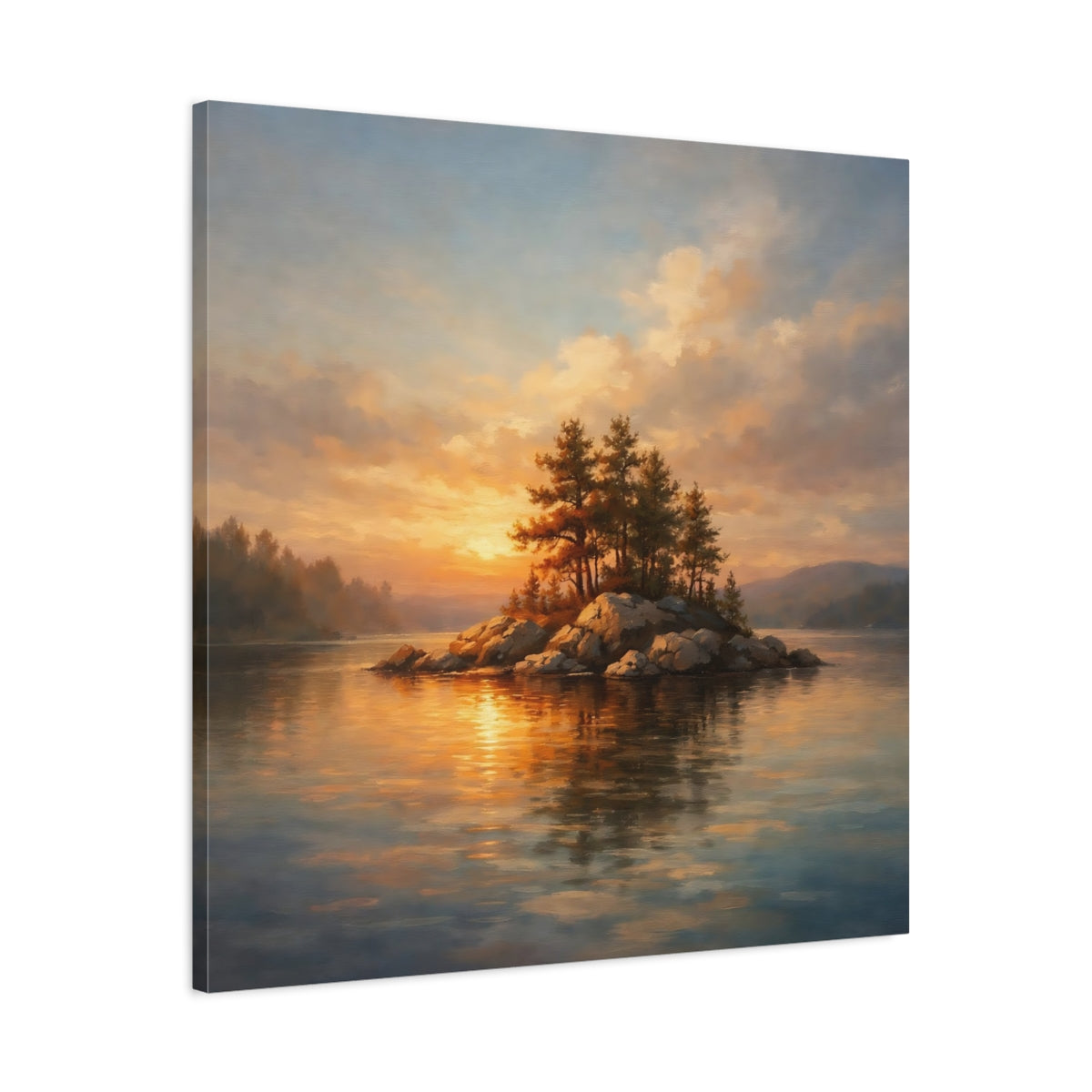 Side Mockup 3. Nature Lake Island Sunset Lake Island shown as stretched canvas wall art