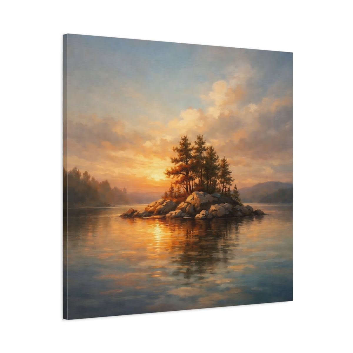 Side Mockup 2. Nature Lake Island Sunset Lake Island shown as stretched canvas wall art
