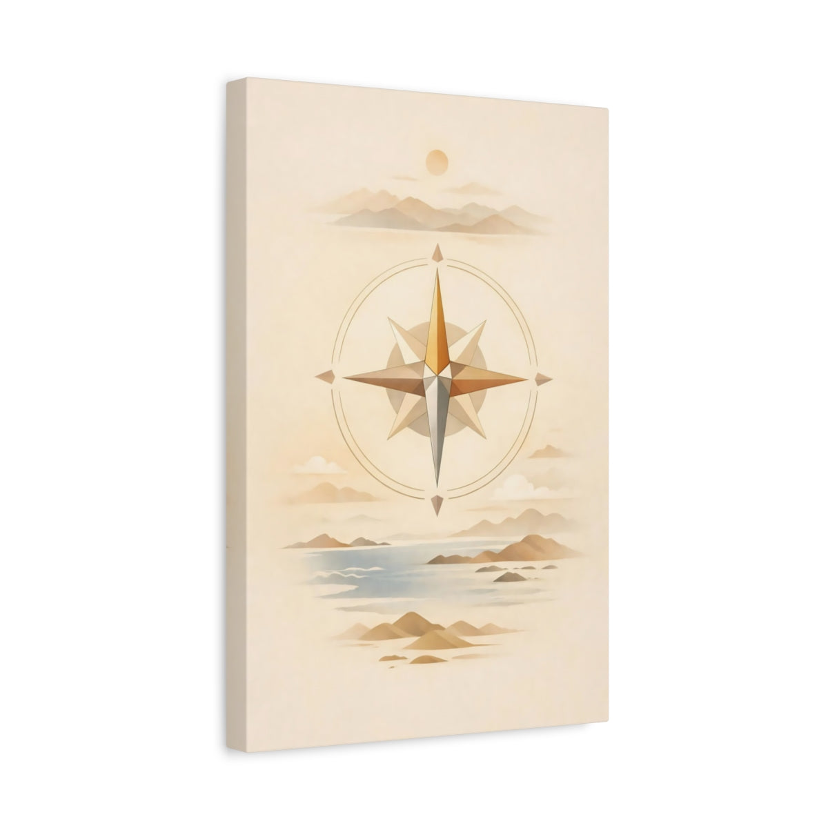 Side Mockup 4. Nature Compass Rose Brown And Blue shown as stretched canvas wall art