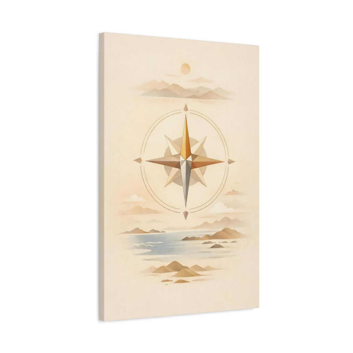 Side Mockup 2. Nature Compass Rose Brown And Blue shown as stretched canvas wall art