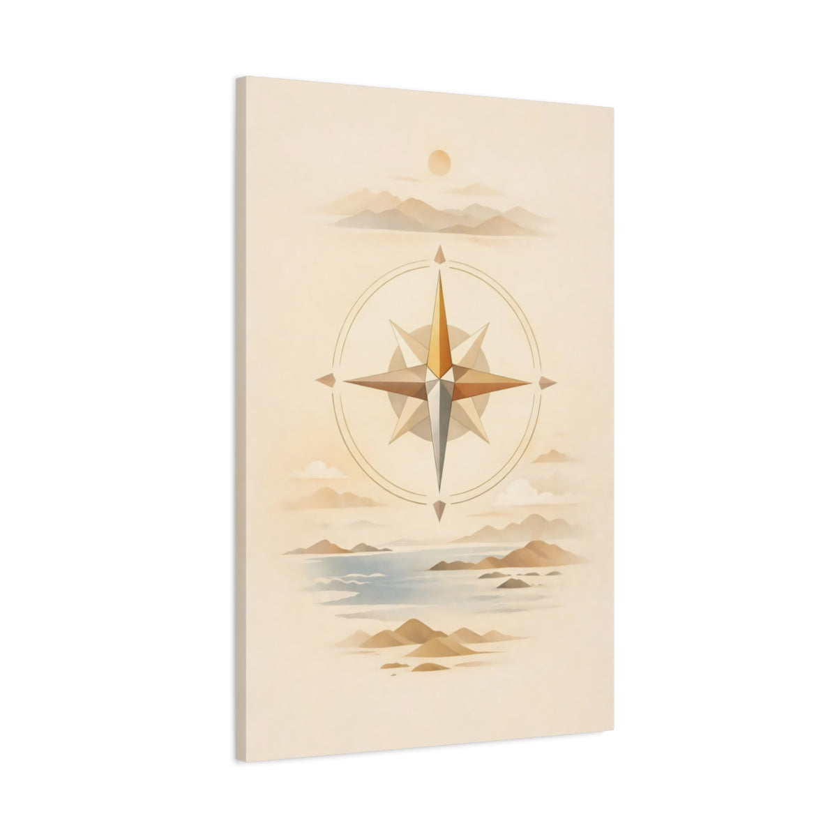 Side Mockup 1. Nature Compass Rose Brown And Blue shown as stretched canvas wall art