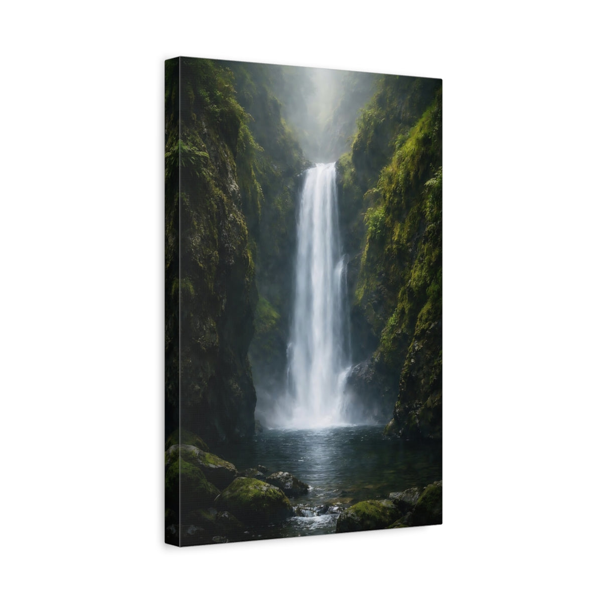 Side Mockup 4. Nature Waterfall Misty Waterfall shown as stretched canvas wall art