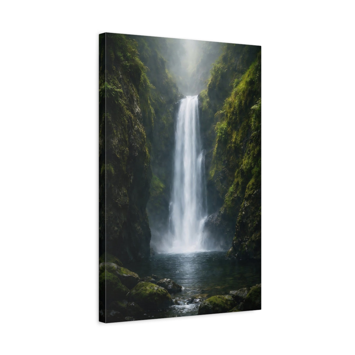 Side Mockup 3. Nature Waterfall Misty Waterfall shown as stretched canvas wall art