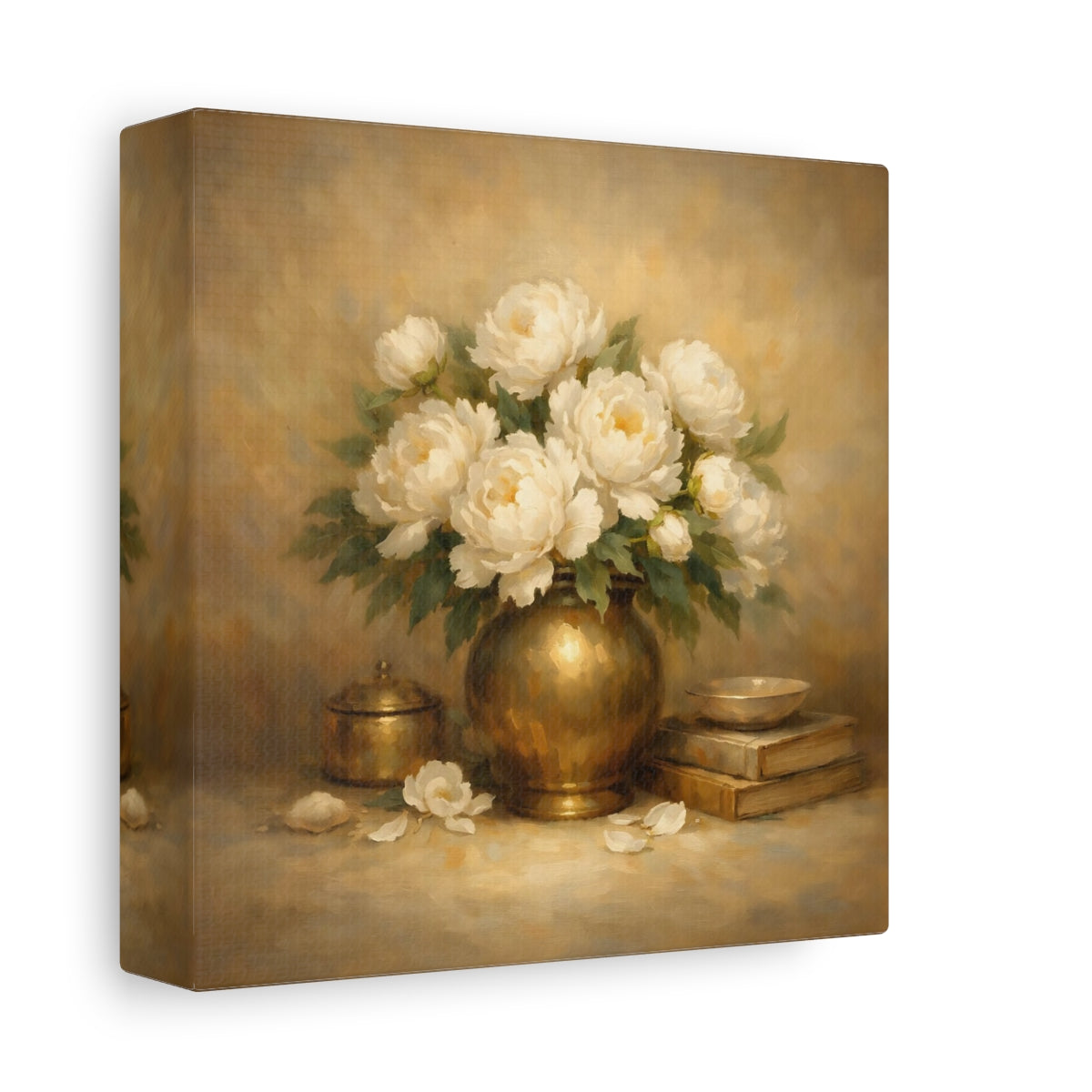 Side Mockup 1. Floral White Peonies White Peonies Gold shown as stretched canvas wall art