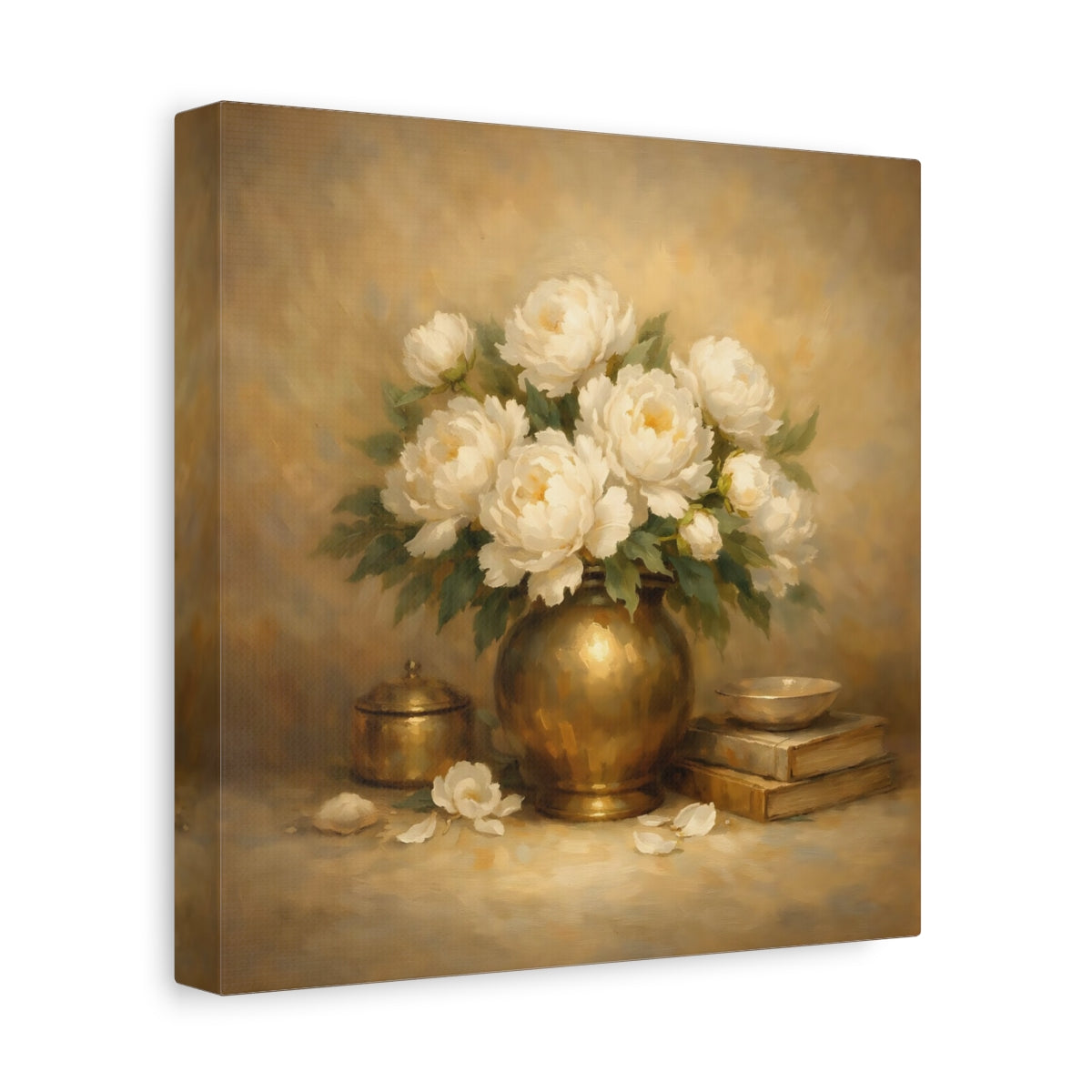 Side Mockup 9. Floral White Peonies White Peonies Gold shown as stretched canvas wall art