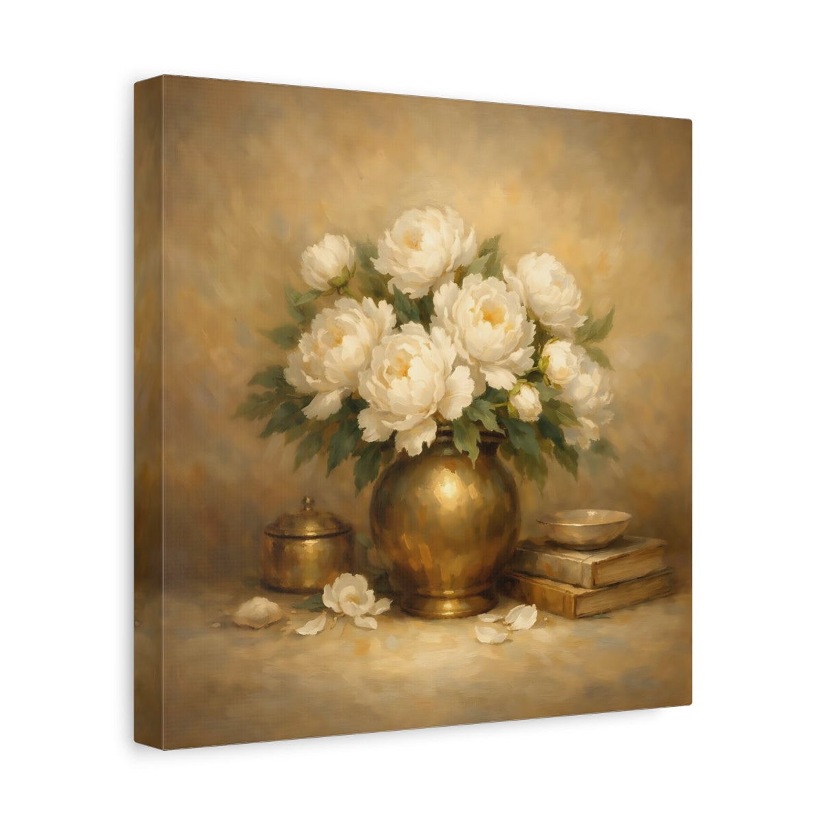 Side Mockup 8. Floral White Peonies White Peonies Gold shown as stretched canvas wall art