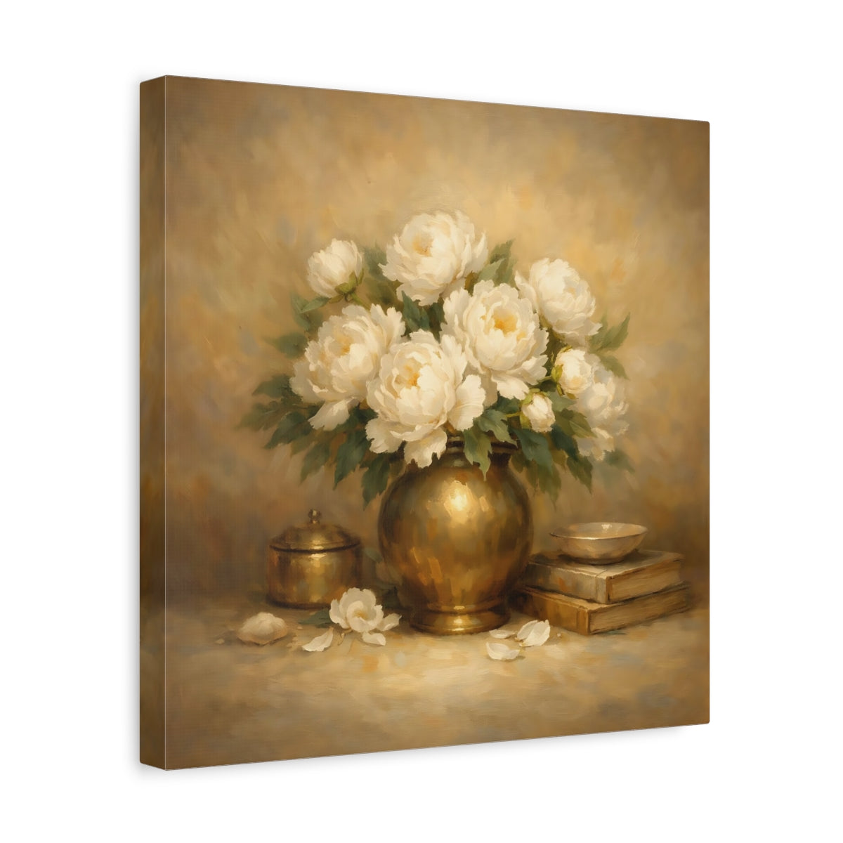 Side Mockup 7. Floral White Peonies White Peonies Gold shown as stretched canvas wall art