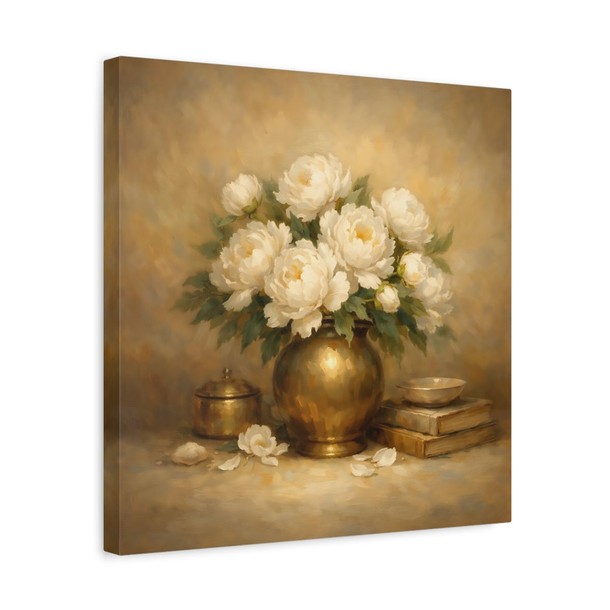 Side Mockup 6. Floral White Peonies White Peonies Gold shown as stretched canvas wall art