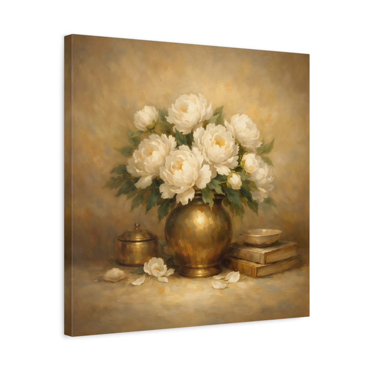 Side Mockup 5. Floral White Peonies White Peonies Gold shown as stretched canvas wall art
