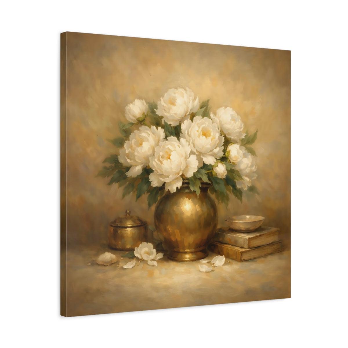 Side Mockup 4. Floral White Peonies White Peonies Gold shown as stretched canvas wall art