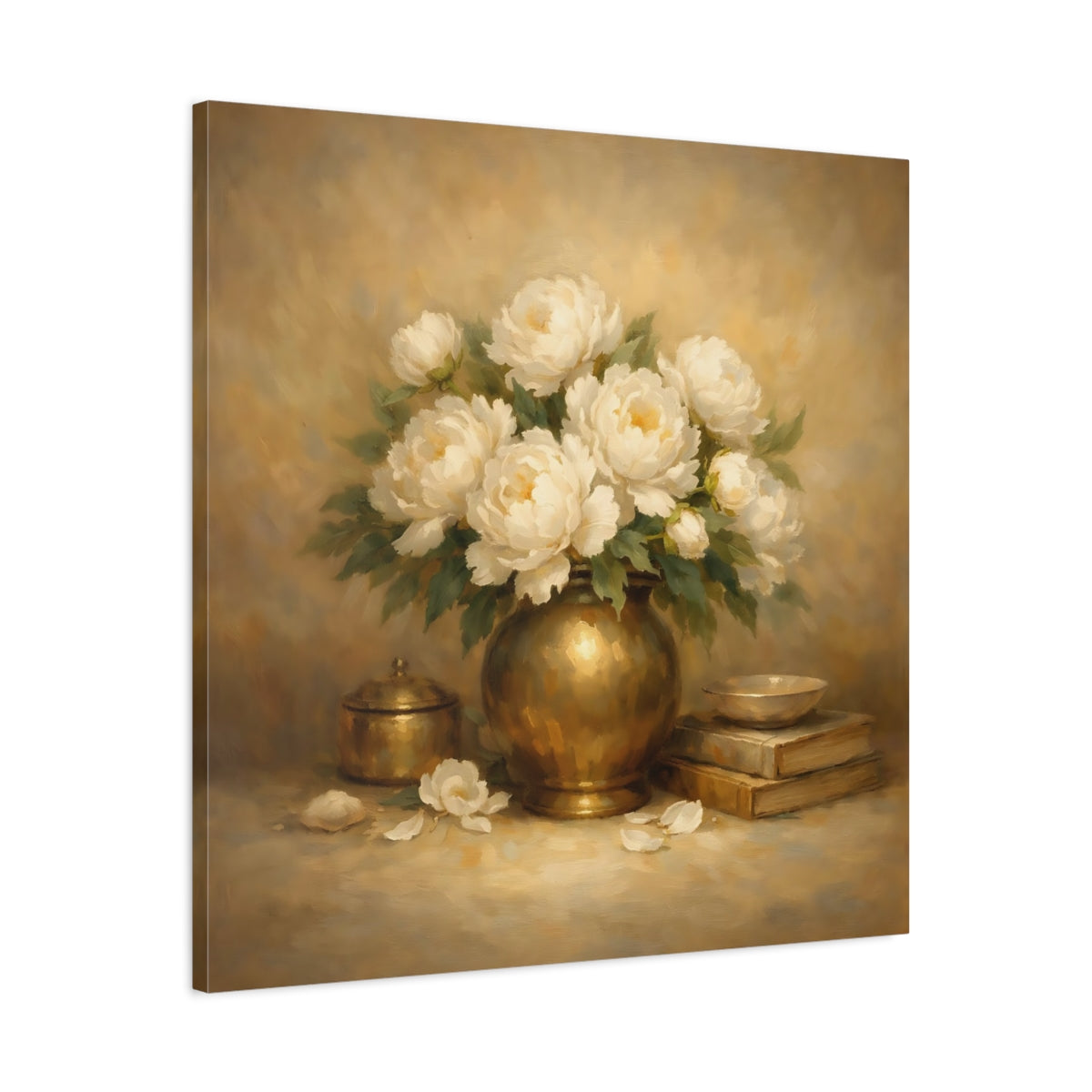 Side Mockup 3. Floral White Peonies White Peonies Gold shown as stretched canvas wall art