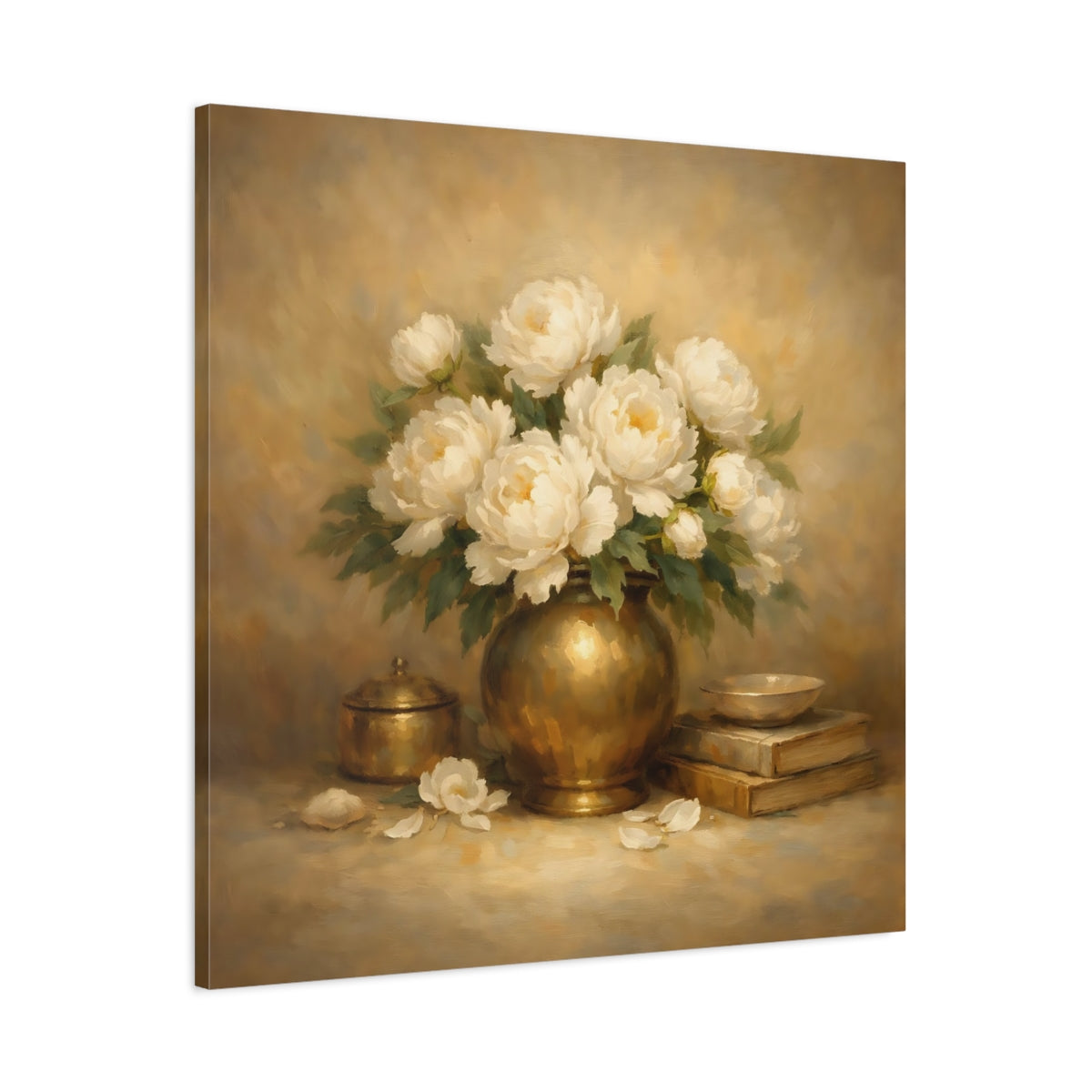 Side Mockup 2. Floral White Peonies White Peonies Gold shown as stretched canvas wall art