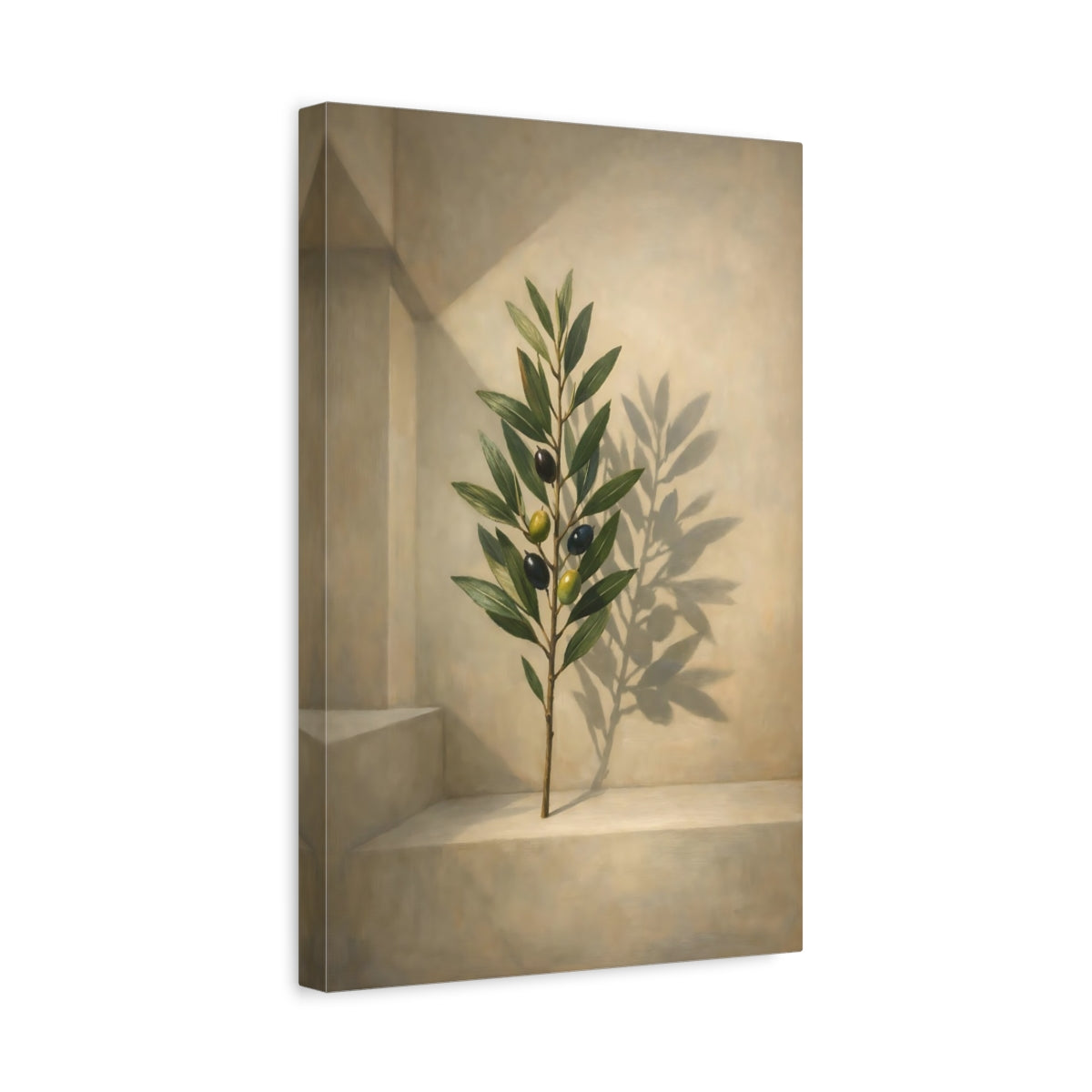 Side Mockup 4. Nature Olive Branch Olive Branch Green Beige shown as stretched canvas wall art