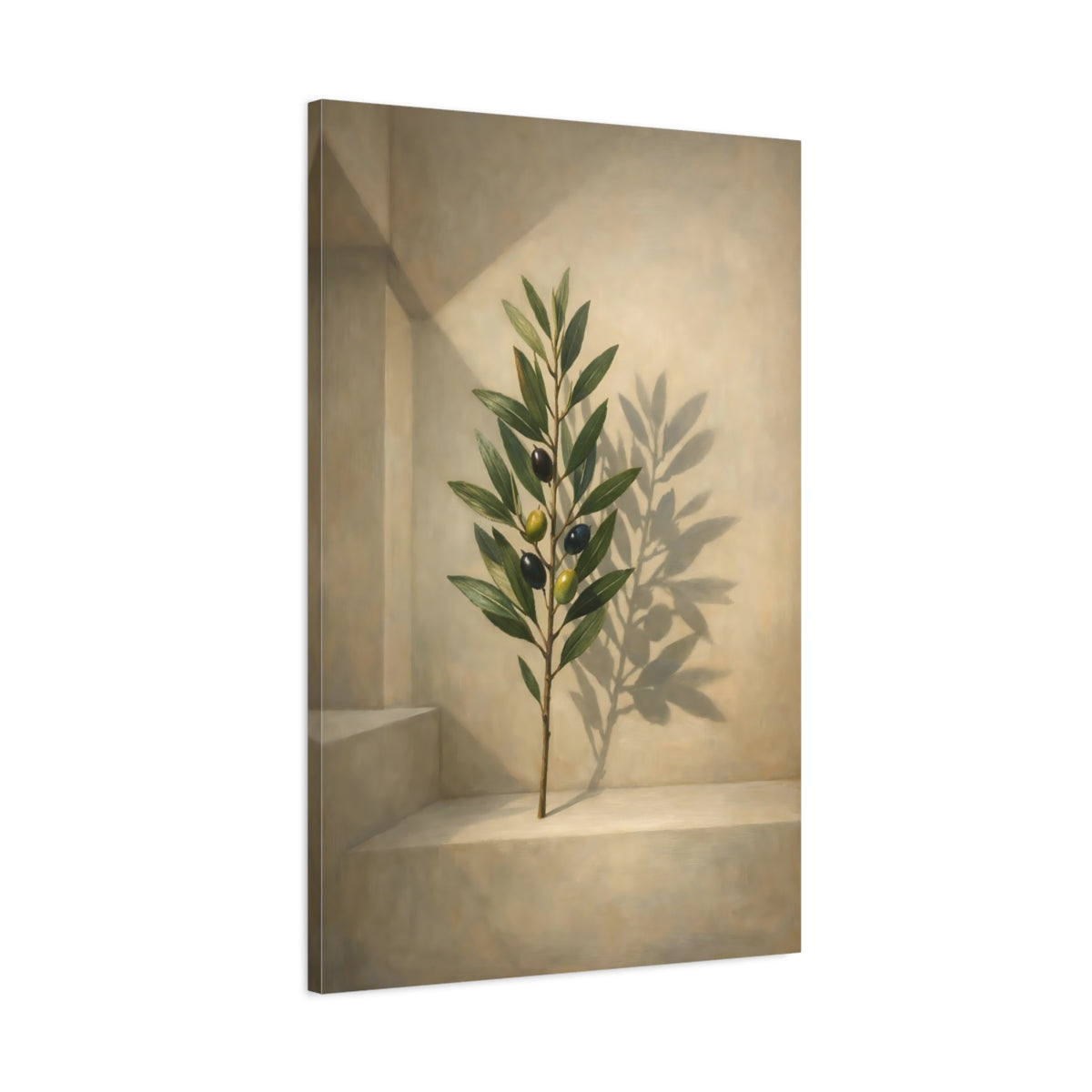 Side Mockup 1. Nature Olive Branch Olive Branch Green Beige shown as stretched canvas wall art