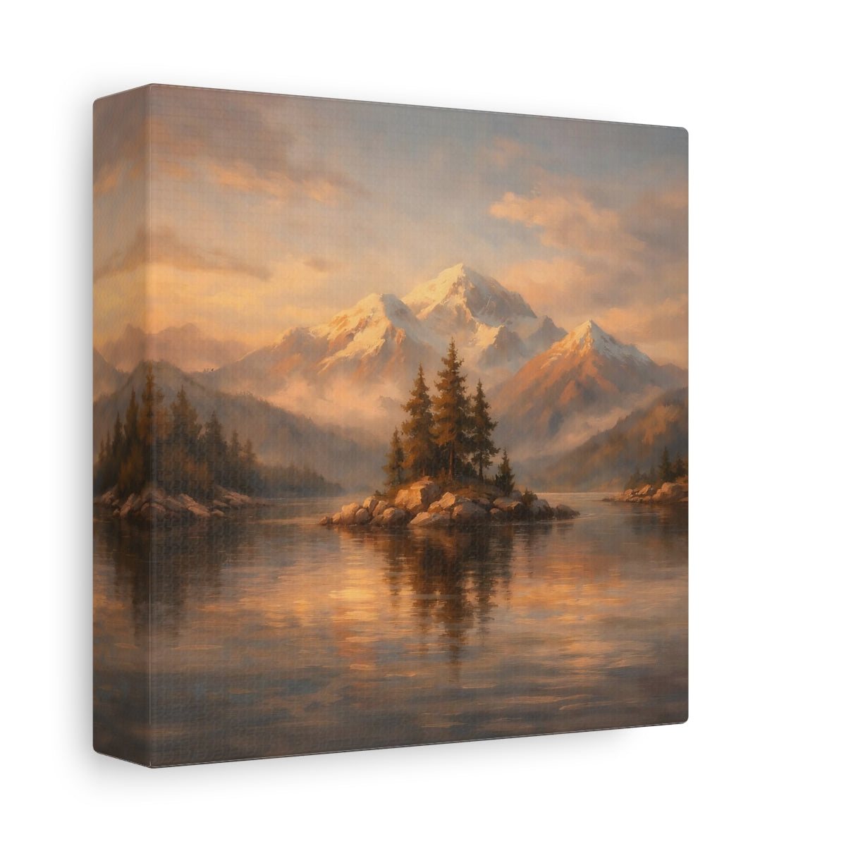 Side Mockup 1. Nature Mountain Lake Golden Mountain Lake shown as stretched canvas wall art