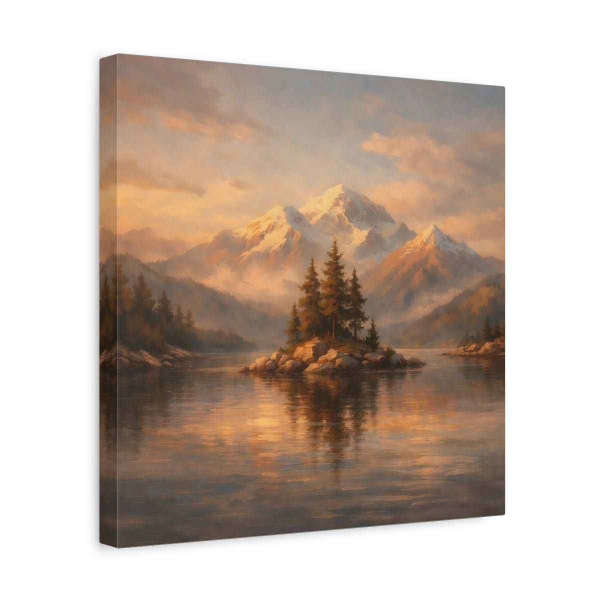Side Mockup 7. Nature Mountain Lake Golden Mountain Lake shown as stretched canvas wall art