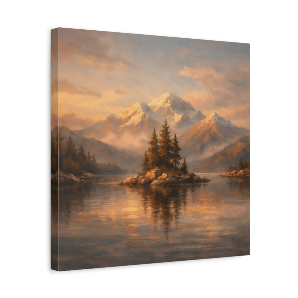Side Mockup 6. Nature Mountain Lake Golden Mountain Lake shown as stretched canvas wall art