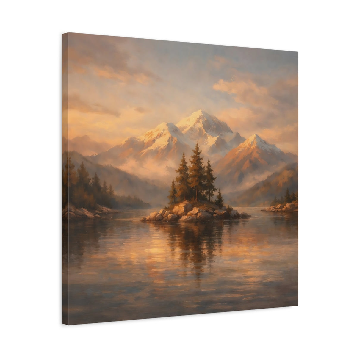 Side Mockup 4. Nature Mountain Lake Golden Mountain Lake shown as stretched canvas wall art