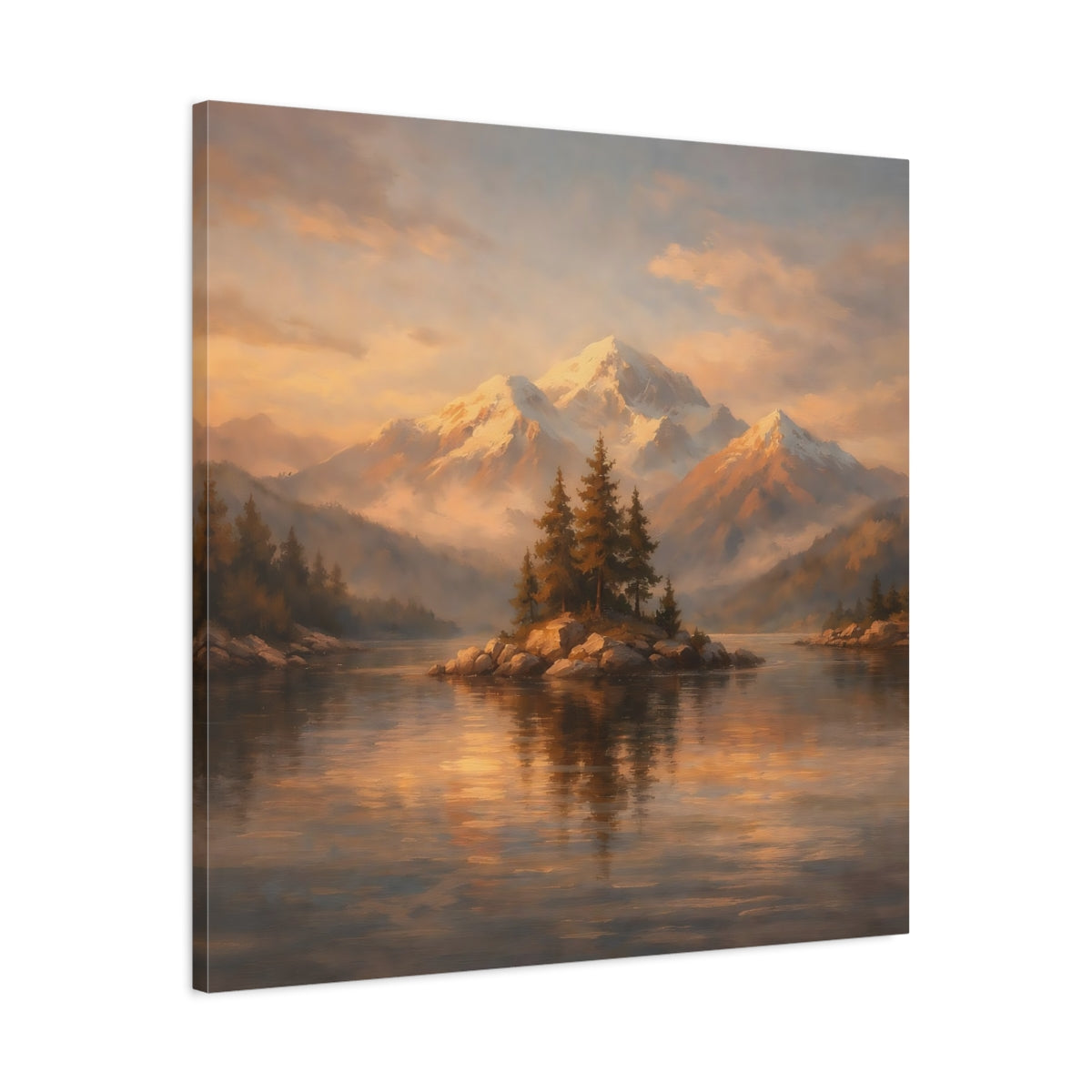Side Mockup 3. Nature Mountain Lake Golden Mountain Lake shown as stretched canvas wall art