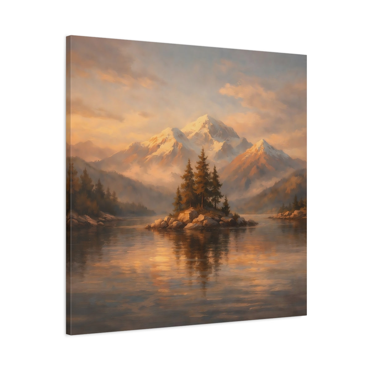 Side Mockup 2. Nature Mountain Lake Golden Mountain Lake shown as stretched canvas wall art