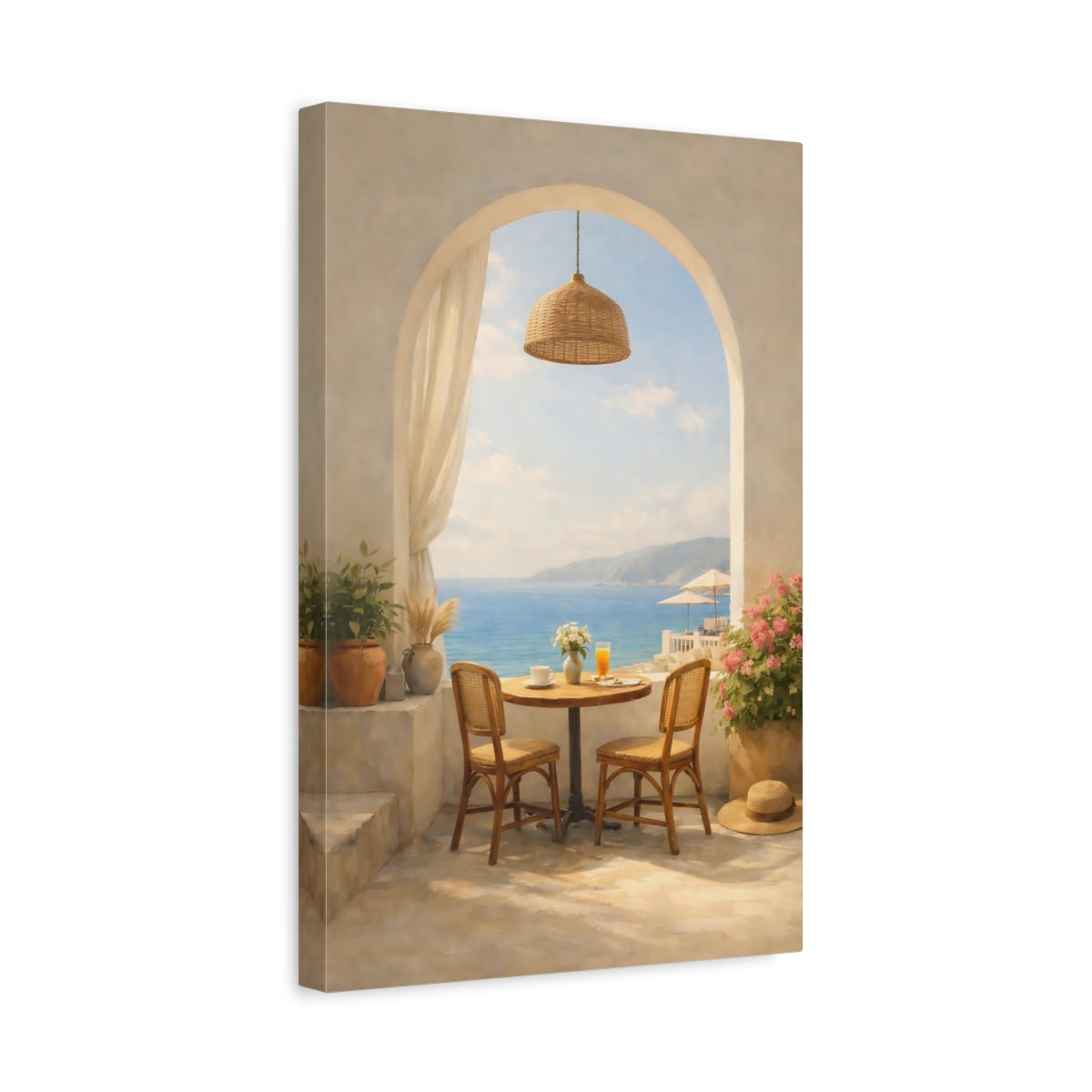 Side Mockup 4. Nature Balcony View Mediterranean Balcony shown as stretched canvas wall art