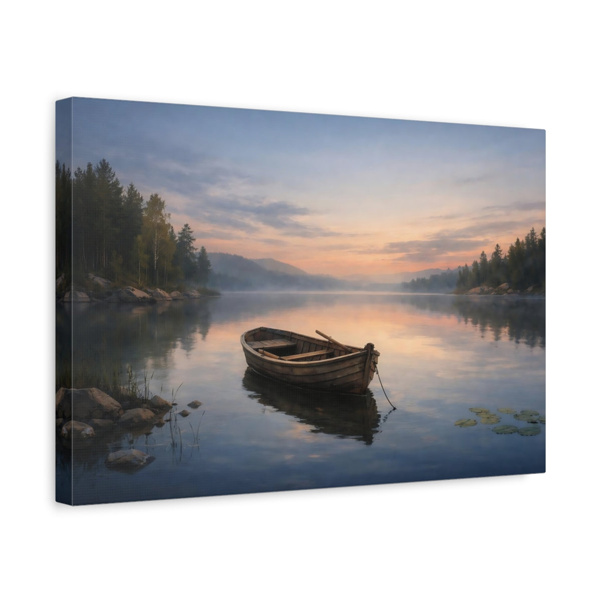Side Mockup 4. Refined Texture Calm Lake shown as stretched canvas wall art