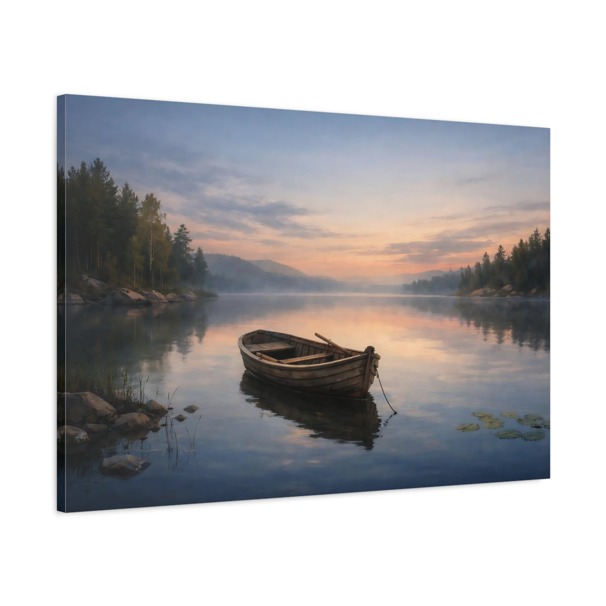Side Mockup 1. Refined Texture Calm Lake shown as stretched canvas wall art