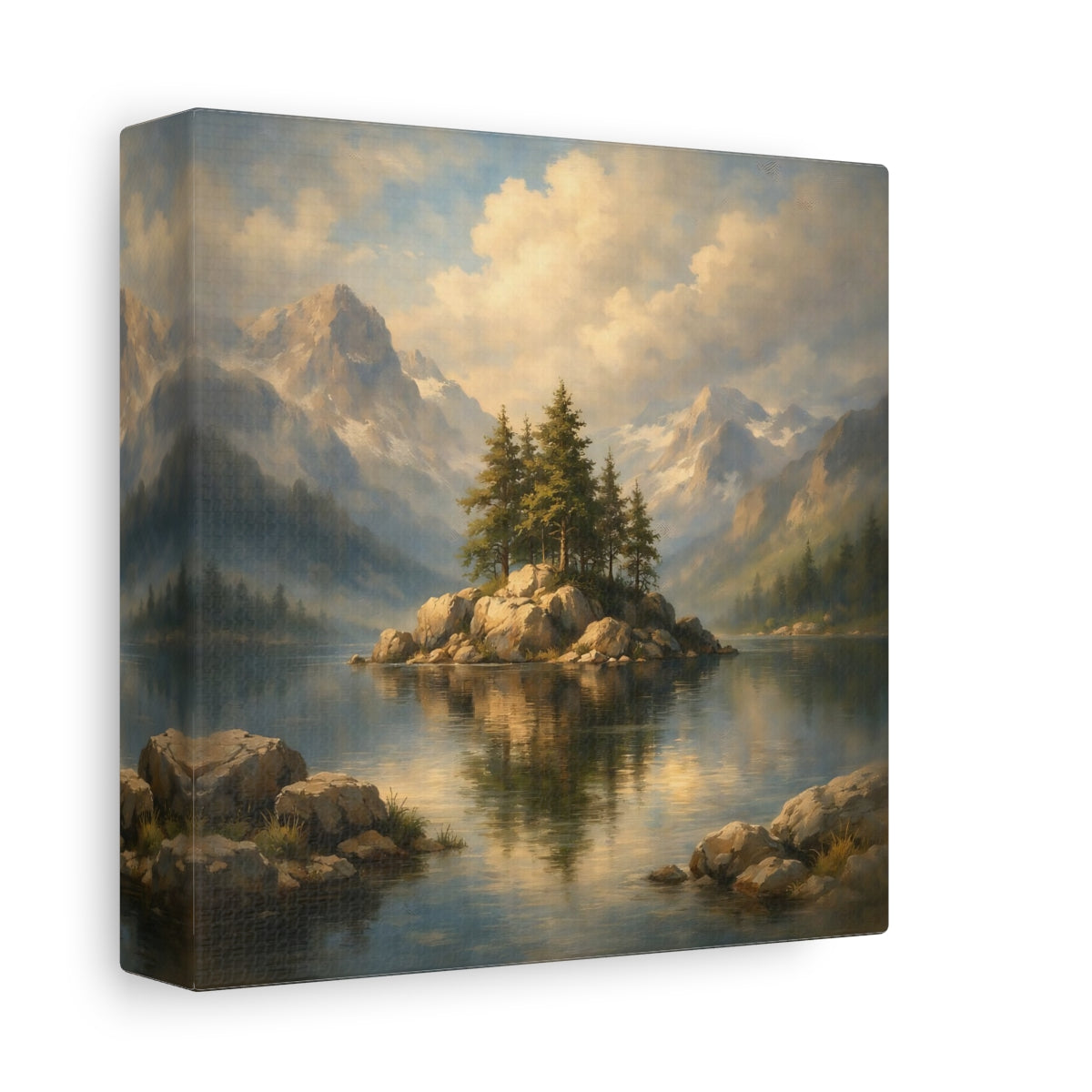 Side Mockup 1. Nature Pine Island Mountain Lake View shown as stretched canvas wall art