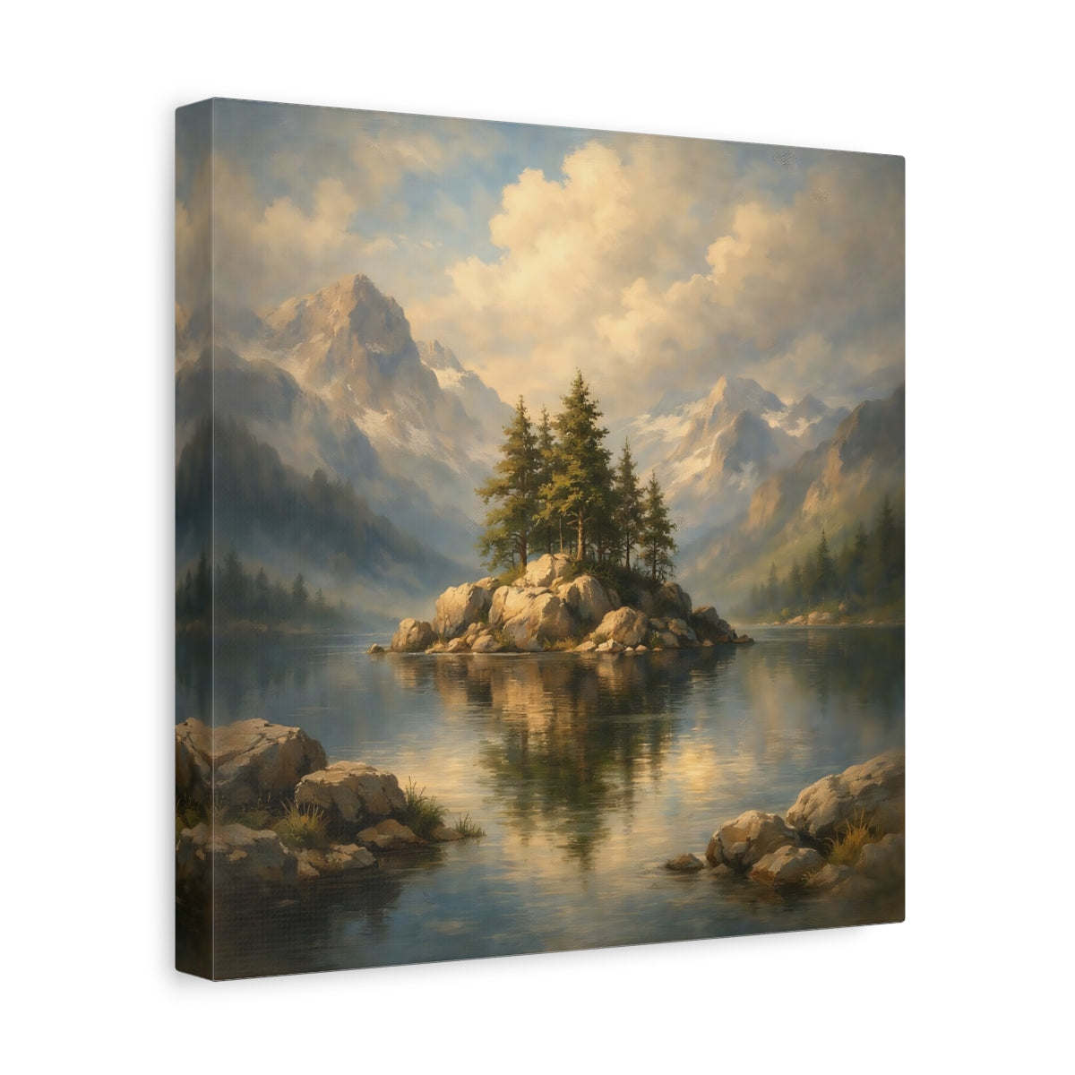 Side Mockup 8. Nature Pine Island Mountain Lake View shown as stretched canvas wall art