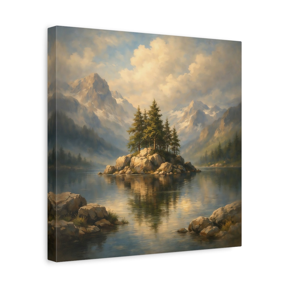 Side Mockup 7. Nature Pine Island Mountain Lake View shown as stretched canvas wall art