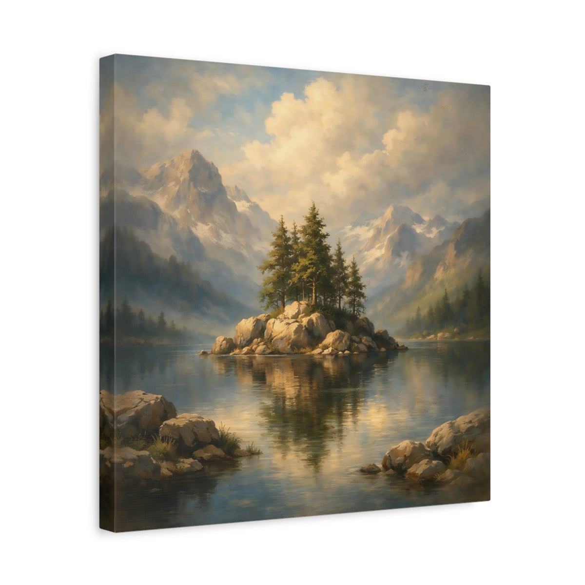 Side Mockup 6. Nature Pine Island Mountain Lake View shown as stretched canvas wall art