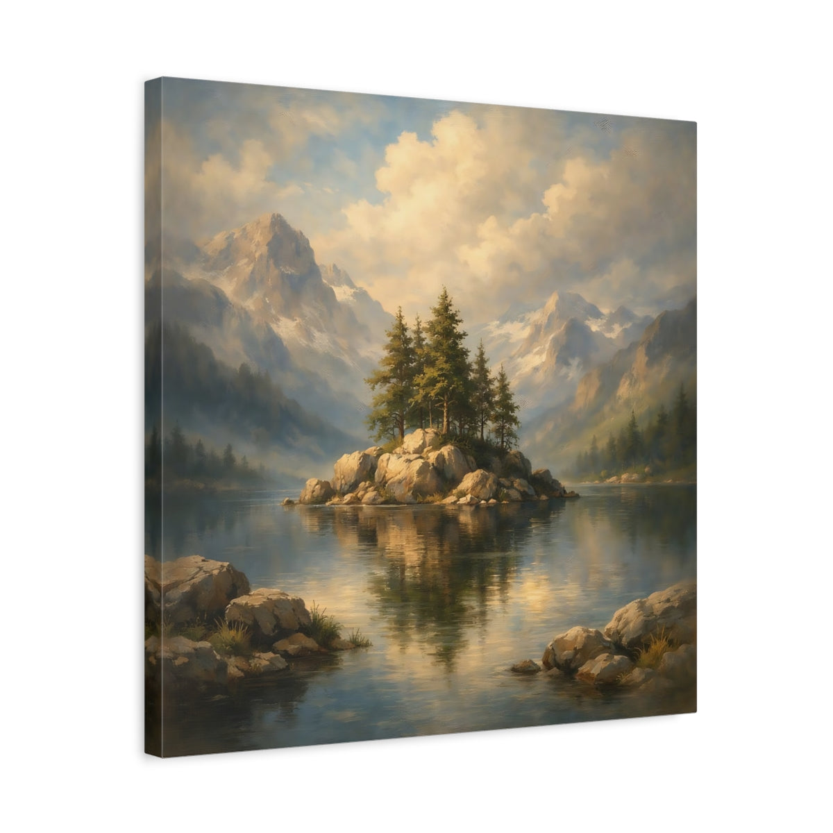 Side Mockup 5. Nature Pine Island Mountain Lake View shown as stretched canvas wall art