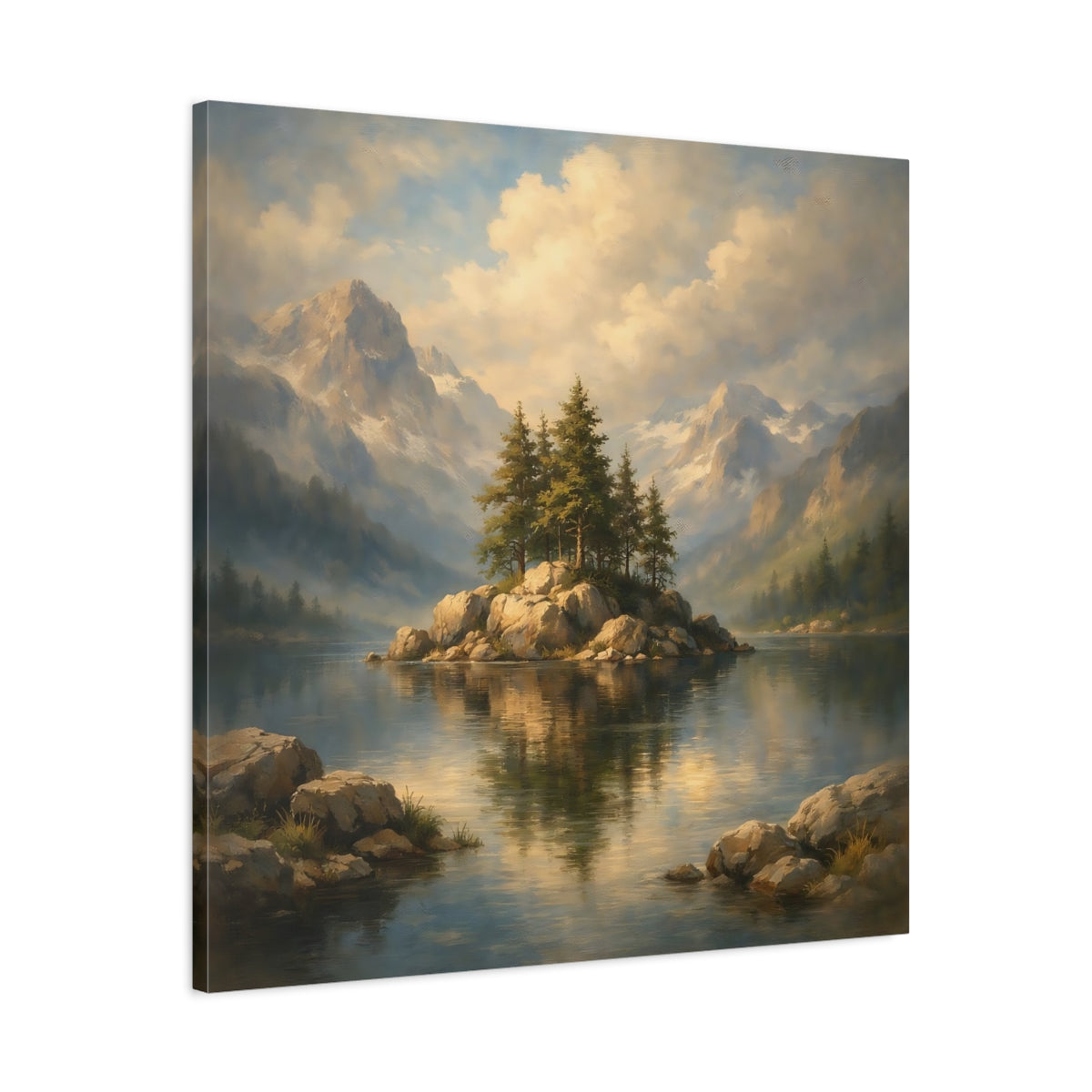 Side Mockup 3. Nature Pine Island Mountain Lake View shown as stretched canvas wall art