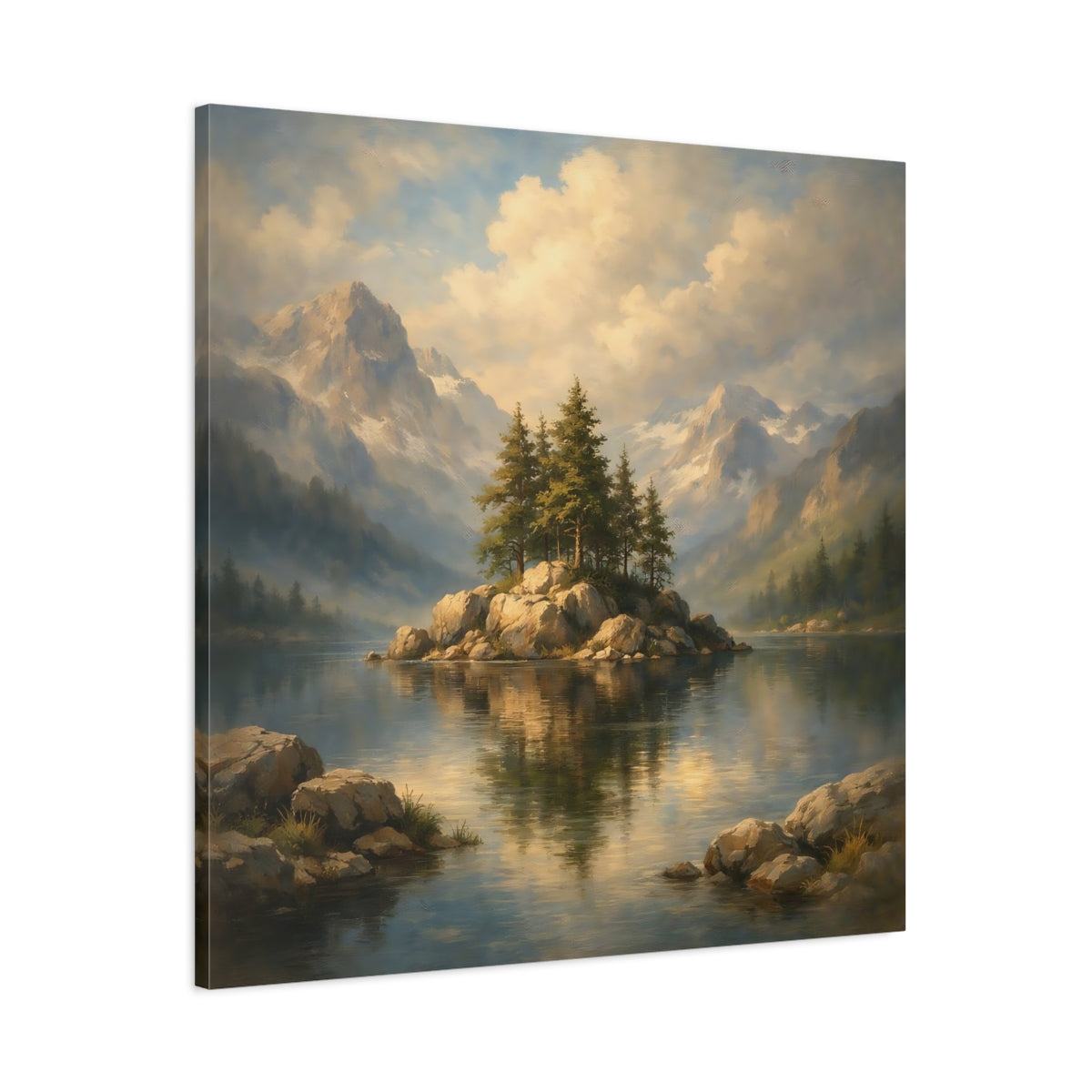Side Mockup 2. Nature Pine Island Mountain Lake View shown as stretched canvas wall art