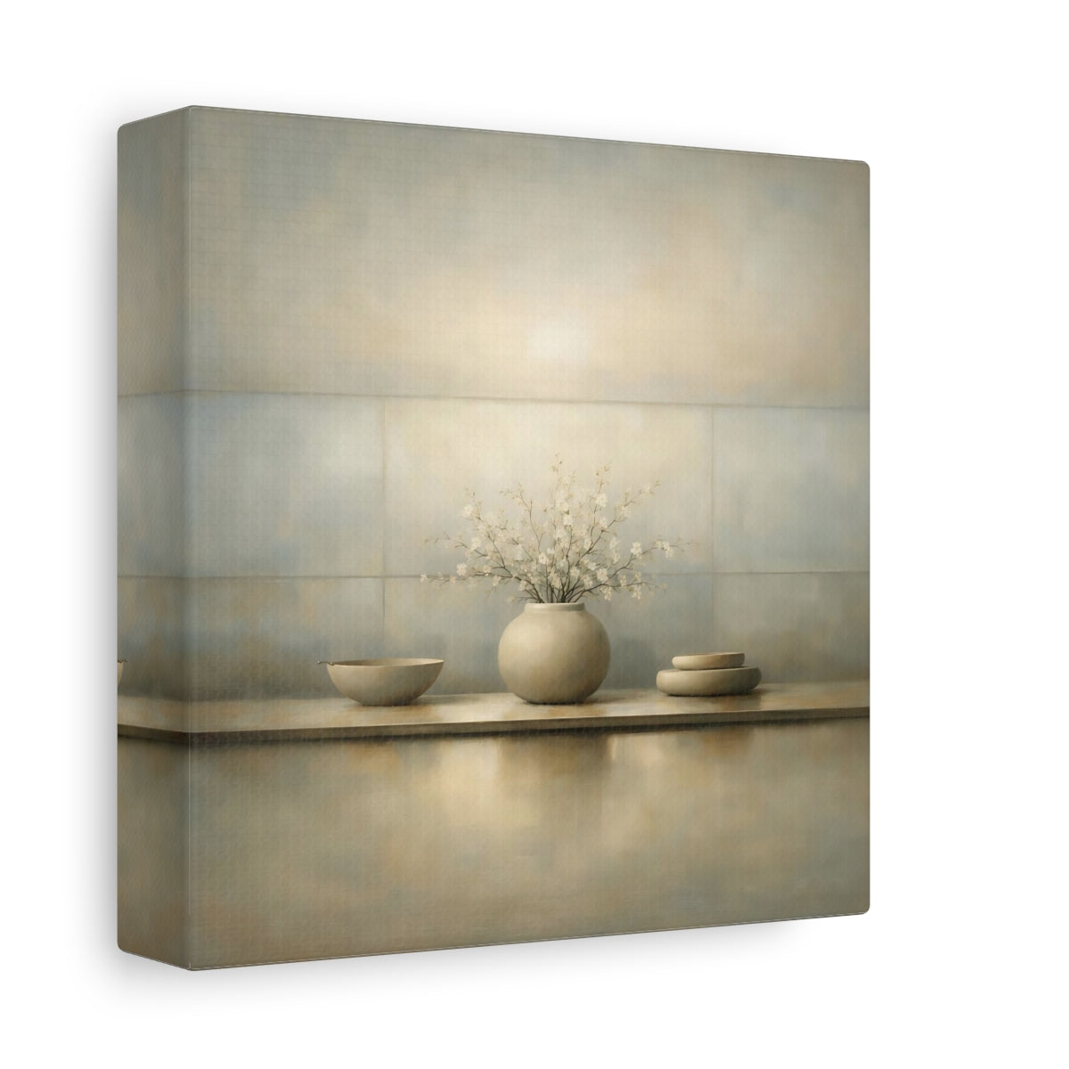 Side Mockup 1. Floral Cherry Blossoms Neutral Still Life shown as stretched canvas wall art