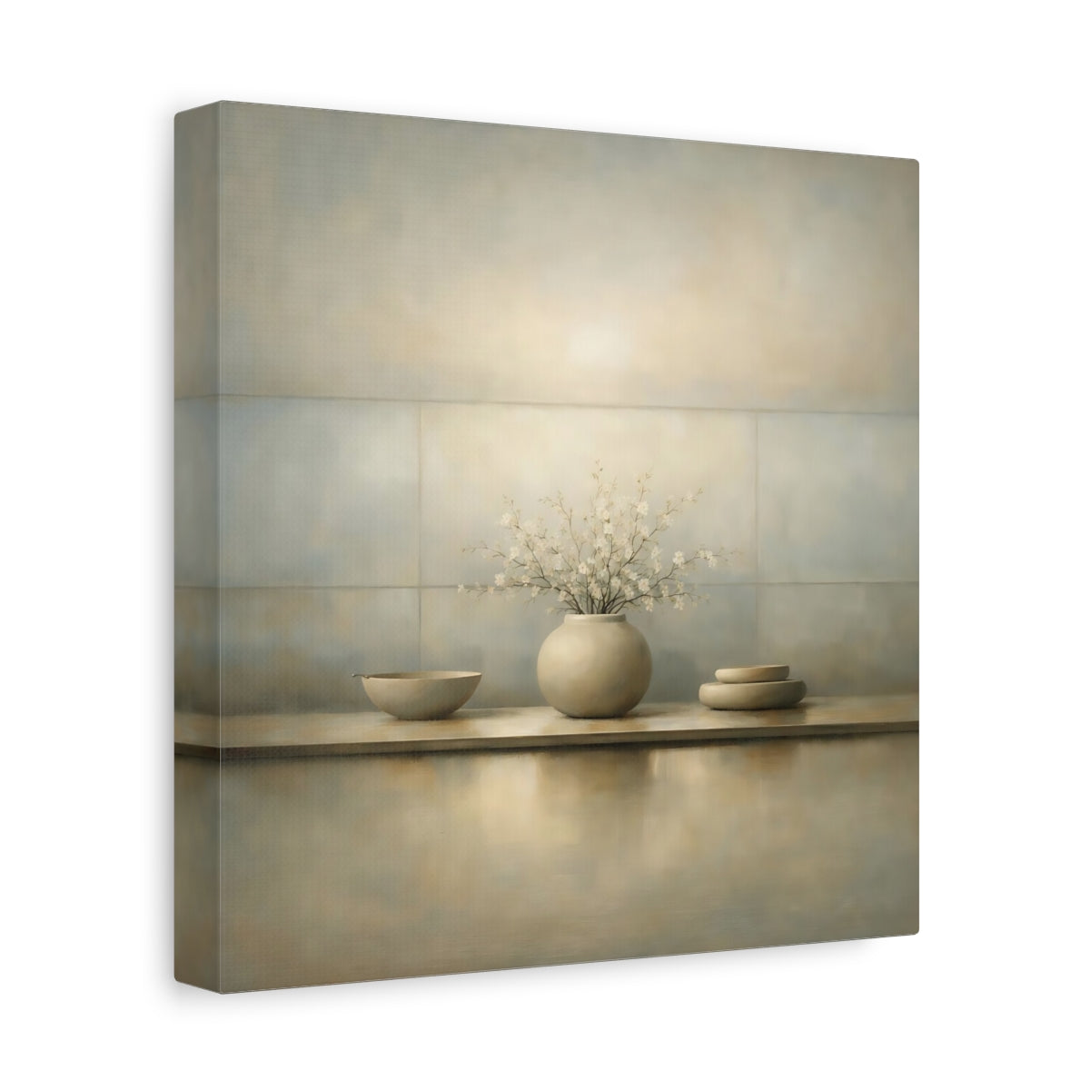 Side Mockup 9. Floral Cherry Blossoms Neutral Still Life shown as stretched canvas wall art