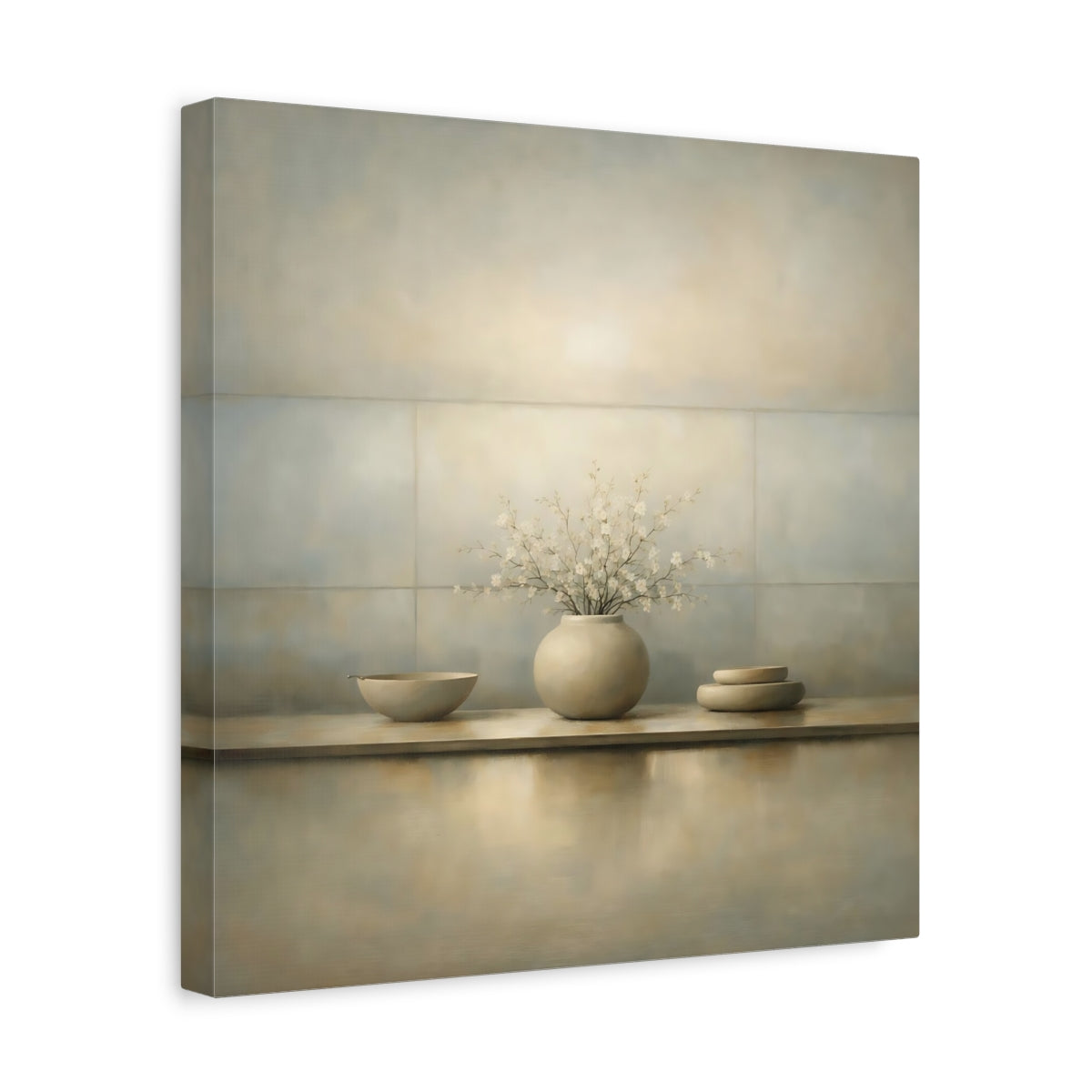 Side Mockup 7. Floral Cherry Blossoms Neutral Still Life shown as stretched canvas wall art