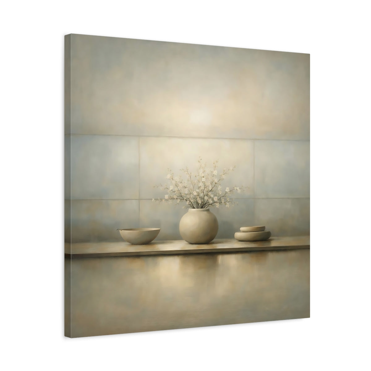 Side Mockup 4. Floral Cherry Blossoms Neutral Still Life shown as stretched canvas wall art
